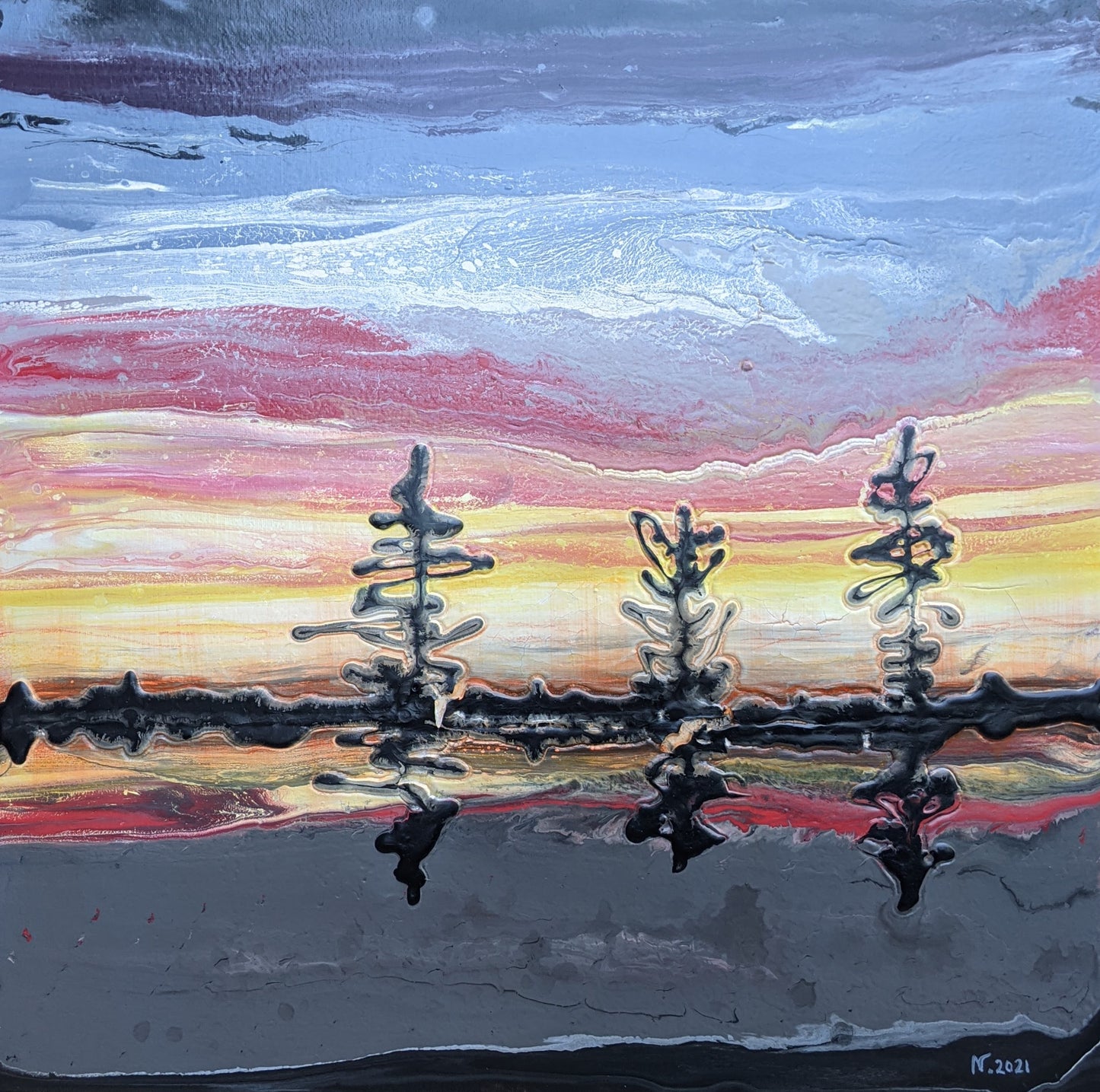 AVAILABLE - Three Pines Reflected, Early Morning, 2021 (20x20")
