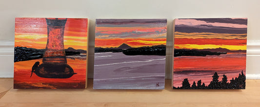 COMMISSION - Vancouver Island Sunset Triptych with Hummingbird,2023 (each 12x12")